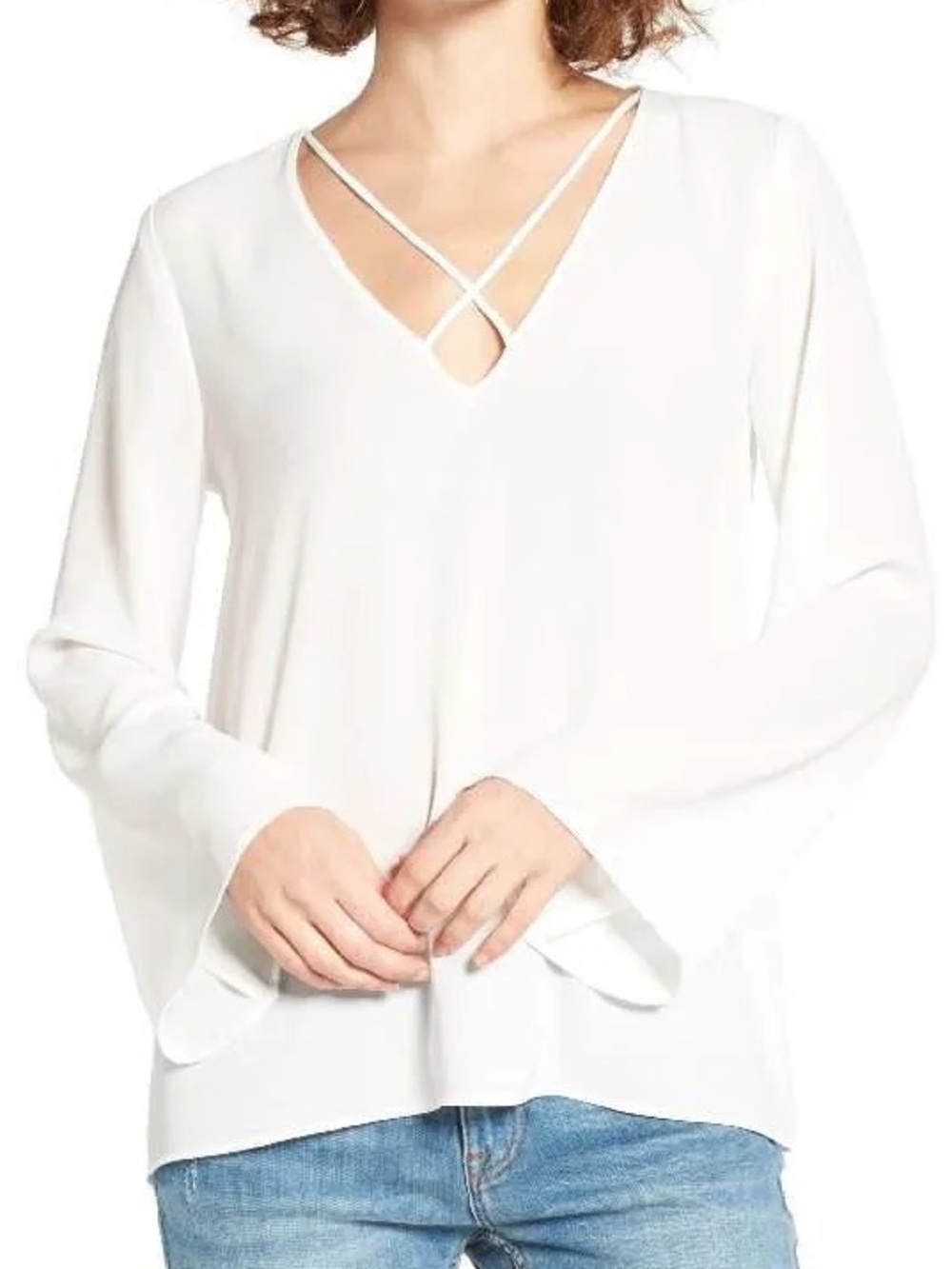 Lush Cream Crisscross V-Neck Bell Sleeve Blouse